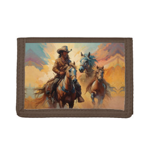 Cowboy Western Horses blue Tan Collage Tri-fold Wallet