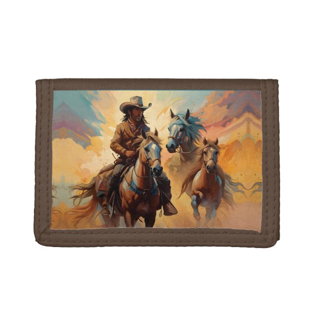 Cowboy Western Horses blue Tan Collage Trifold Wallet (Front)