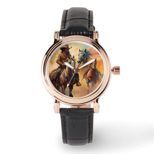 Cowboy Western Horses blue Tan Collage Watch