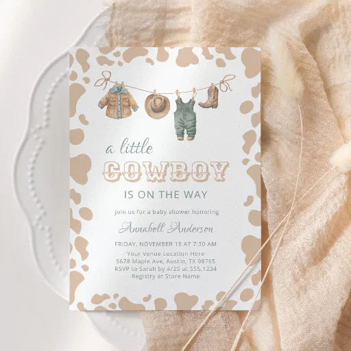 Cowboy Western Light Brown Plaid Baby Shower Invitation