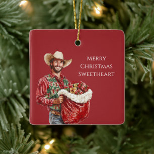 Cowboy Western Man Santa Hat Christmas   Ceramic Ornament