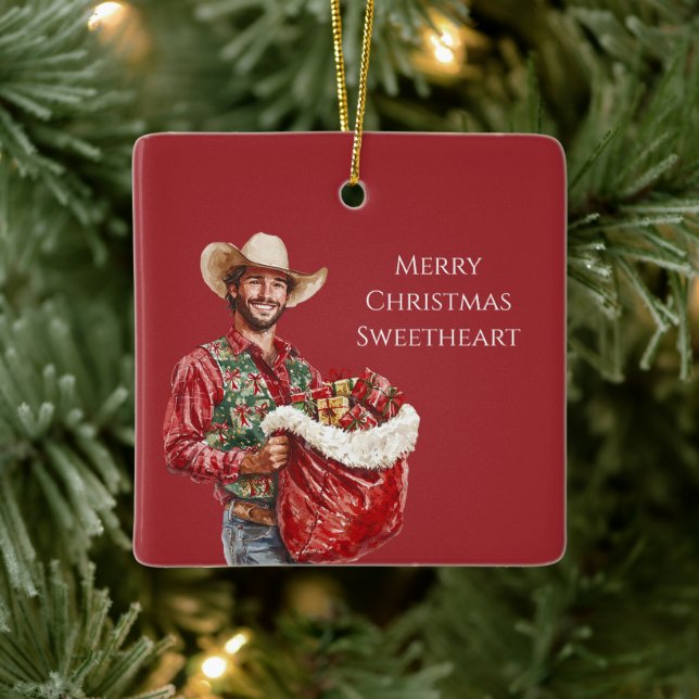 Cowboy Western Man Santa Hat Christmas   Ceramic Ornament (Tree)