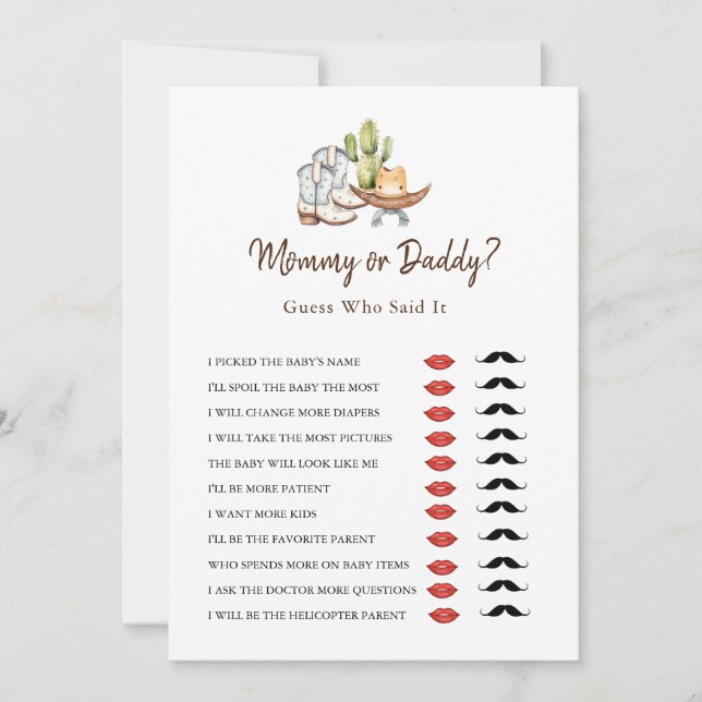 Cowboy Western Mommy or Daddy Baby Shower game  Invitation (Front)