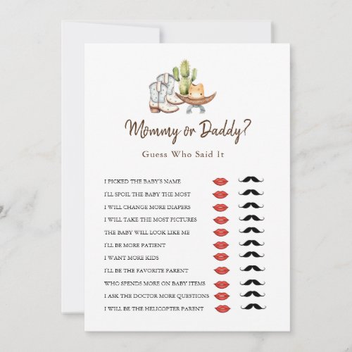 Cowboy Western Mommy or Daddy Baby Shower game  Invitation