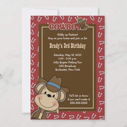 Cowboy Western Monkey 5x7 Birthday Invitation