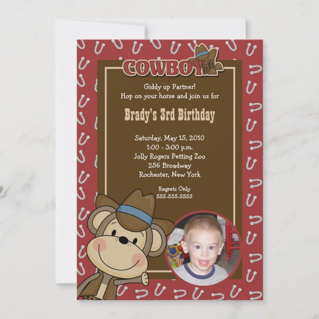 Cowboy Western Monkey 5x7 *PHOTO* Birthday Invitation (Front)