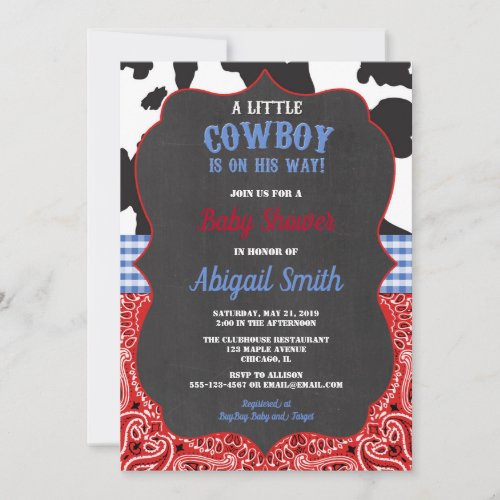 Cowboy western red bandana blue boy baby shower invitation