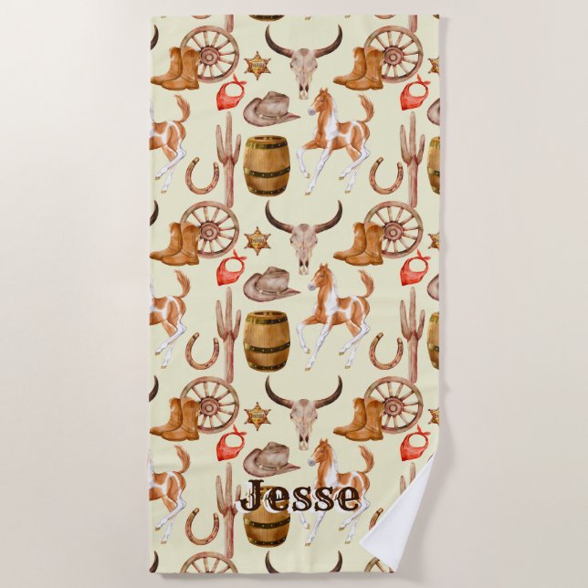 Cowboy western rodeo cowgirl personalized name beach towel (Front)