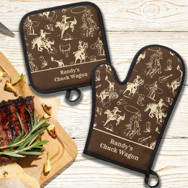 Cowboy Western Rodeo Personalized Oven Mitt & Pot Holder Set (Creator Uploaded)
