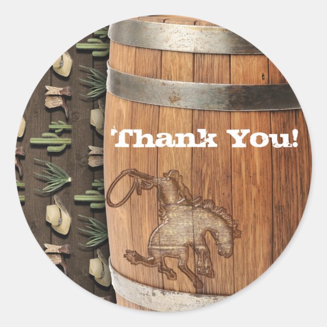 Cowboy Western Rodeo Wooden Barrel Birthday PARTY Classic Round Sticker (Front)