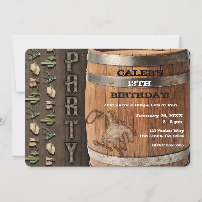 Cowboy Western Rodeo Wooden Barrel Birthday Party Invitation (Front)