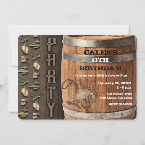 Cowboy Western Rodeo Wooden Barrel Birthday Party Invitation