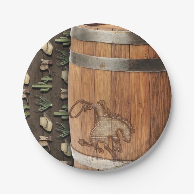 Cowboy Western Rodeo Wooden Barrel Birthday Party Paper Plates (Front)