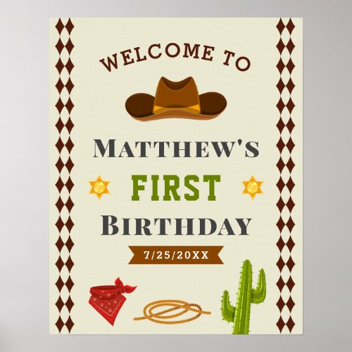 Cowboy Western Saloon Baby Boy Birthday Welcome Poster