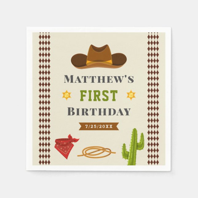 Cowboy Western Saloon Baby Boy Wild West Birthday Napkins (Front)