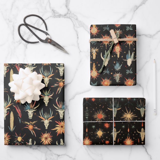 Cowboy Western Skulls Desert Wrapping Paper Sheets (Front)