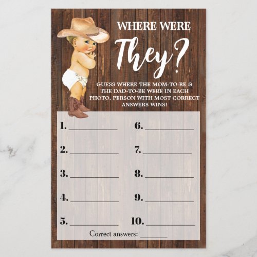 Cowboy Where Were They Blue Baby Shower Game Card Flyer