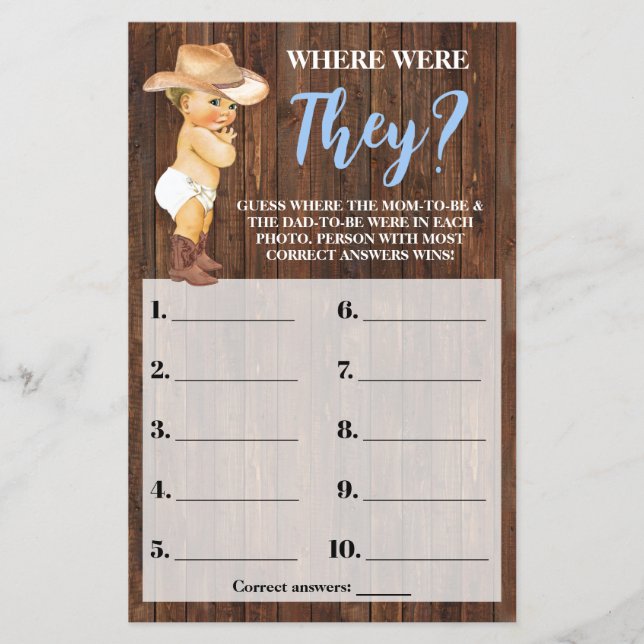 Cowboy Where Were They Blue Baby Shower Game Card Flyer (Front)