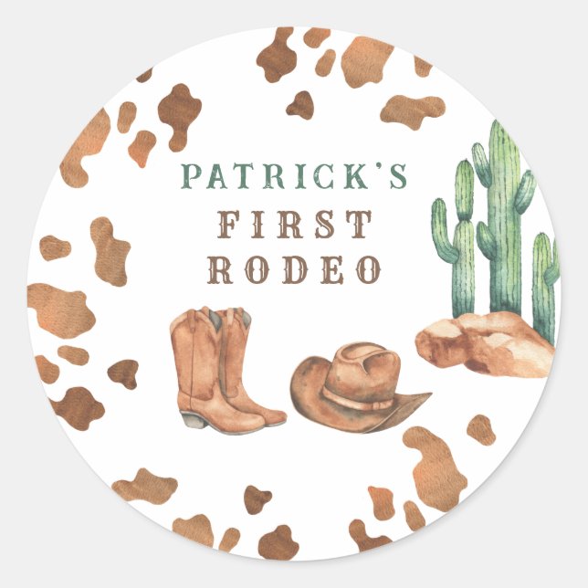 Cowboy Wild West 1st Rodeo Birthday Party Classic Round Sticker (Front)