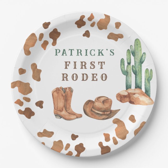 Cowboy Wild West 1st Rodeo Birthday Party Paper Plates (Front)