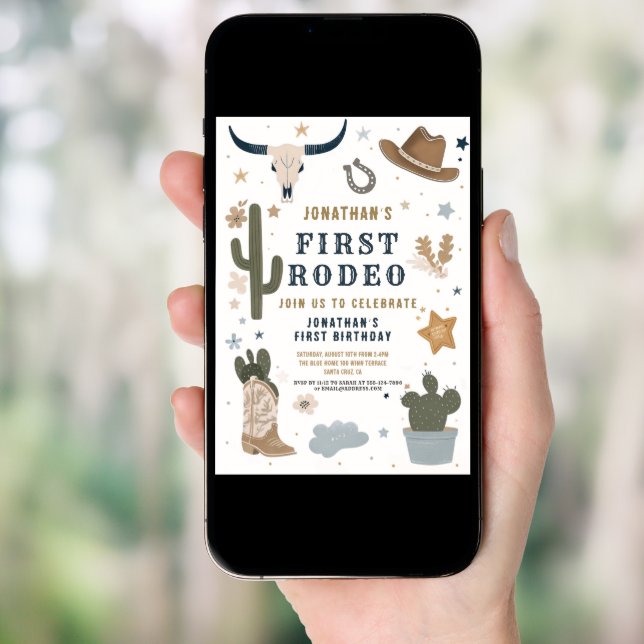 Cowboy Wild Western First Rodeo First Birthday 1st Invitation (Front Digital)