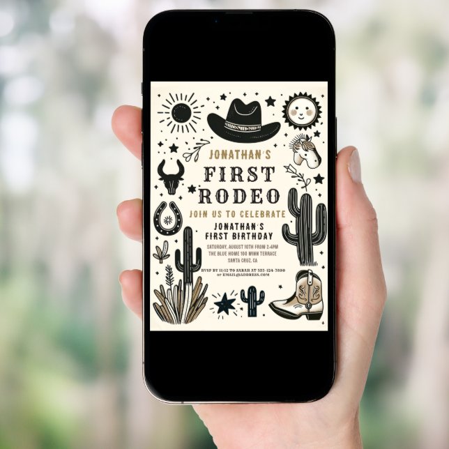 Cowboy Wild Western First Rodeo First Birthday 1st Invitation (Front Digital)