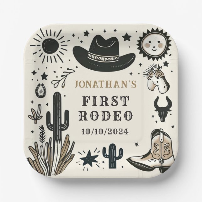 Cowboy Wild Western First Rodeo First Birthday 1st Paper Plates (Front)