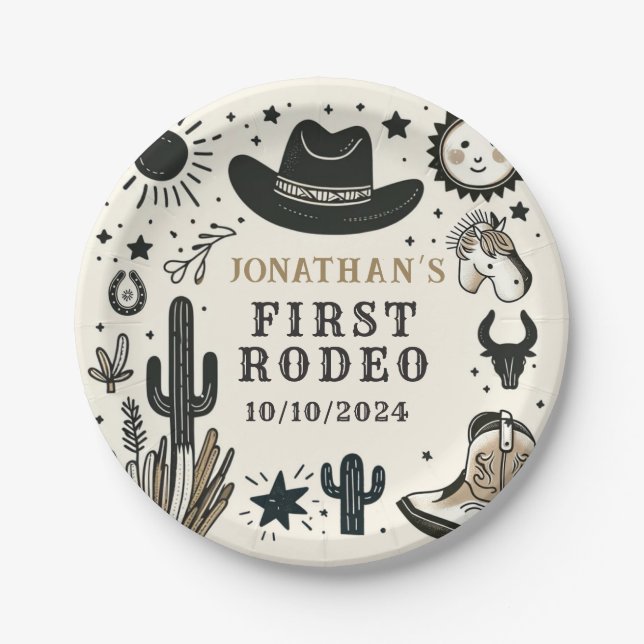 Cowboy Wild Western First Rodeo First Birthday 1st Paper Plates (Front)
