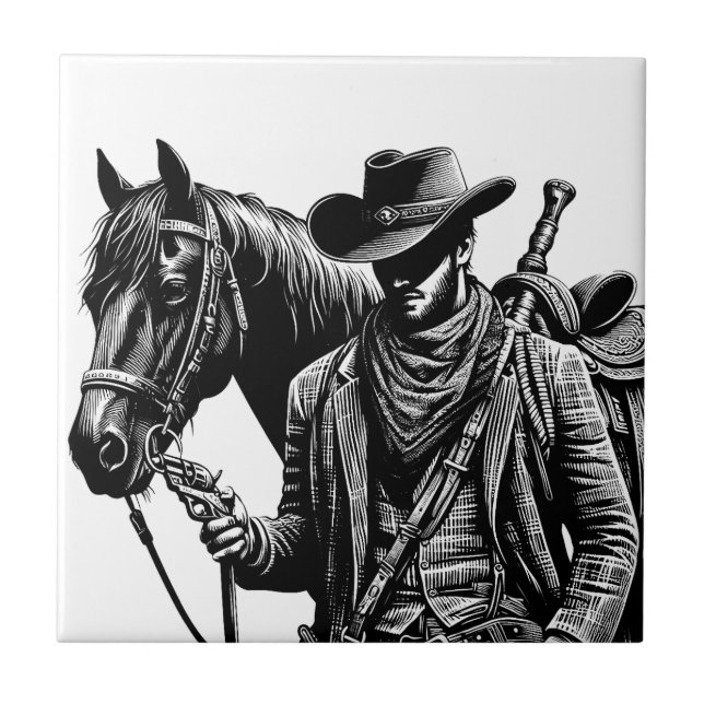 Cowboy with horse illustration western art ceramic tile (Front)