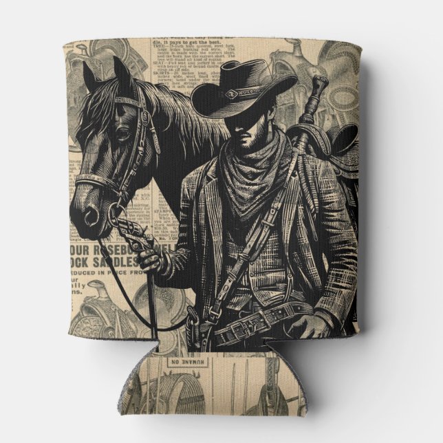 Cowboy with horse saddles western art can cooler (Back)