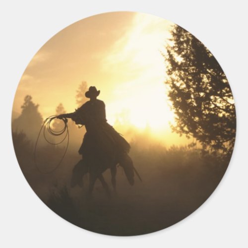 Cowboy with Lasso in Sunset Classic Round Sticker