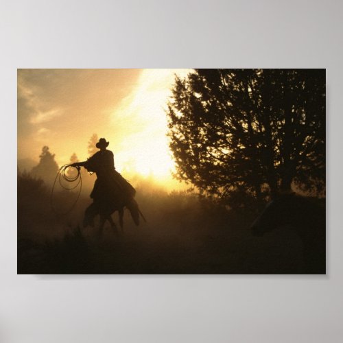 Cowboy with Lasso in Sunset Poster