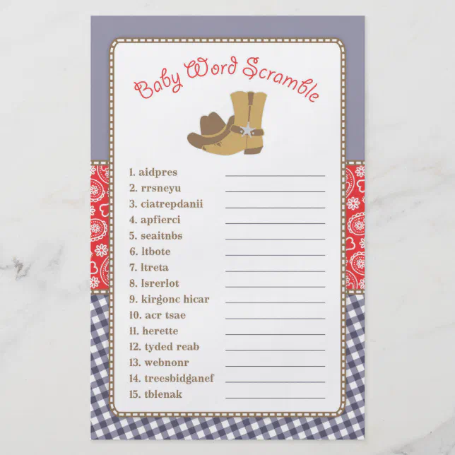 Cowboy Word Scramble Baby Shower Game Flyer | Zazzle