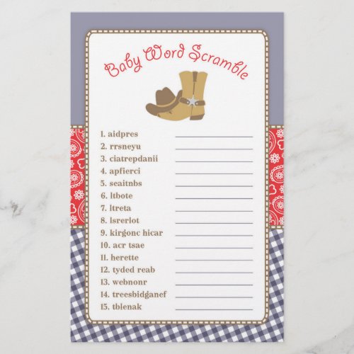 Cowboy Word Scramble Baby Shower Game Flyer