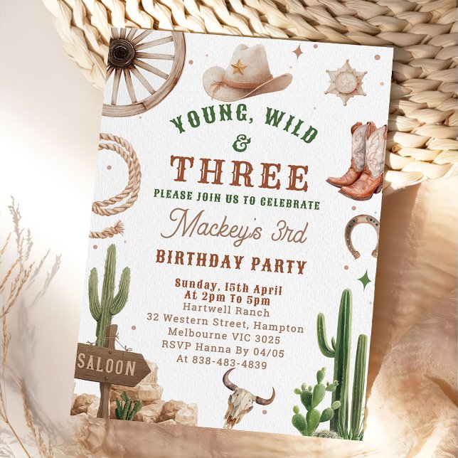 Cowboy Young Wild & Three Birthday Invitation  (Creator Uploaded)