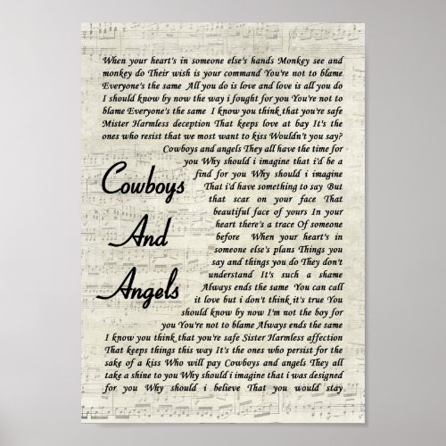 Cowboys And Angels Vintage Script Song Lyric Print