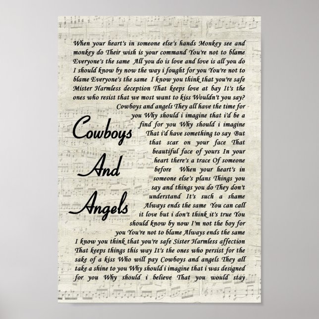 Cowboys And Angels Vintage Script Song Lyric Print (Front)