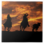 Cowboys and Horses Roping Steer Ceramic Tile<br><div class="desc">Two cowboys chasing the last steer as the sunsets.  This is a very cool country western rustic image that looks great framed!</div>