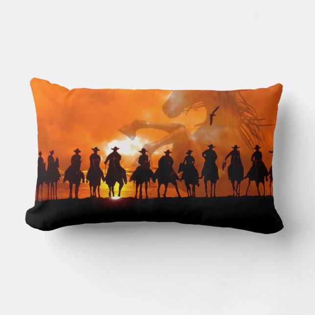 Cowboys at sunset western roundup American MoJo Pi Lumbar Pillow (Front)