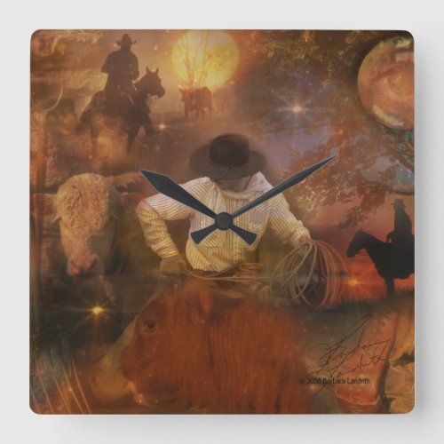 Cowboys _ Boots Wild Horses  Western Sunsets Square Wall Clock