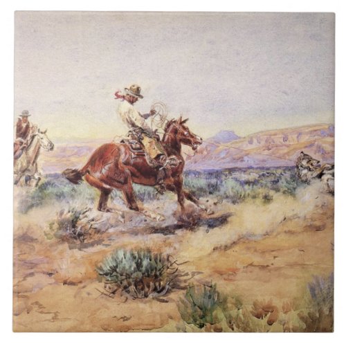 Cowboys Catching a Wolf with a Rope Lasso Ceramic Tile