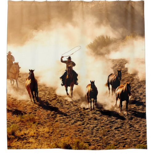 Cowboys chasing wilding horses roping and riding shower curtain