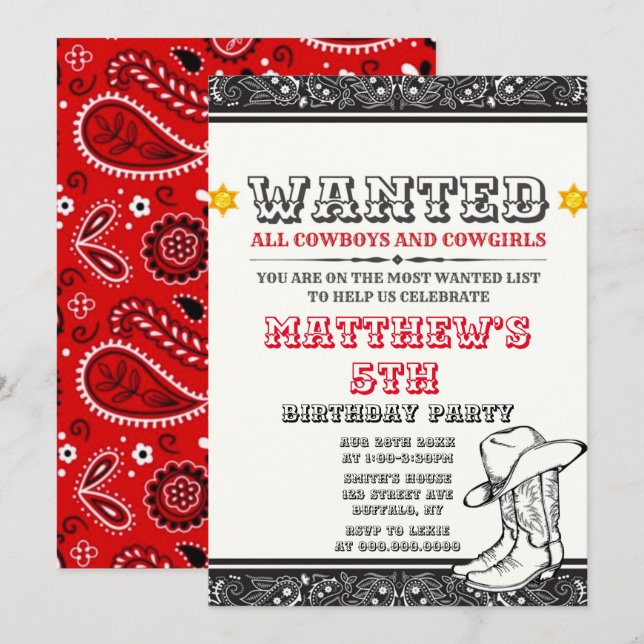 Cowboys & Cowgirls Bandana Birthday Party Invites (Front/Back)