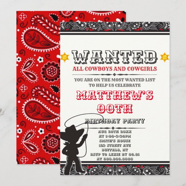 Cowboys & Cowgirls Bandana Birthday Party Invites (Front/Back)