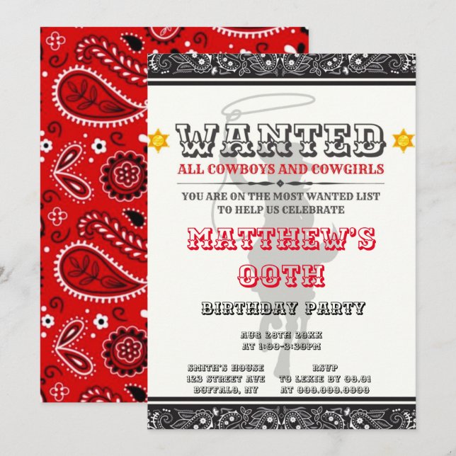Cowboys & Cowgirls Bandana Birthday Party Invites (Front/Back)