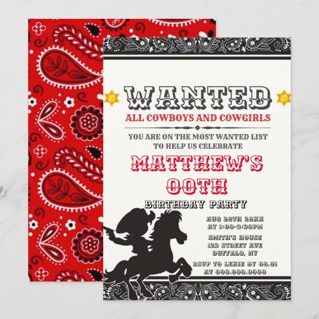 Cowboys & Cowgirls Bandana Birthday Party Invites (Front/Back)