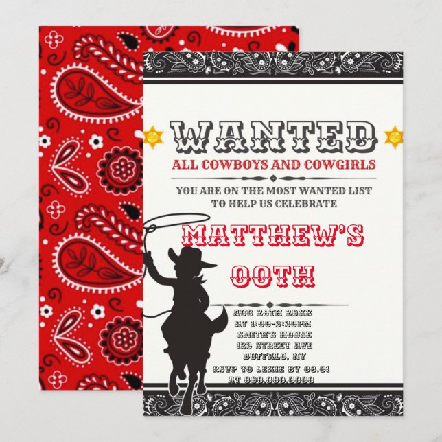 Cowboys & Cowgirls Bandana Birthday Party Invites (Front/Back)