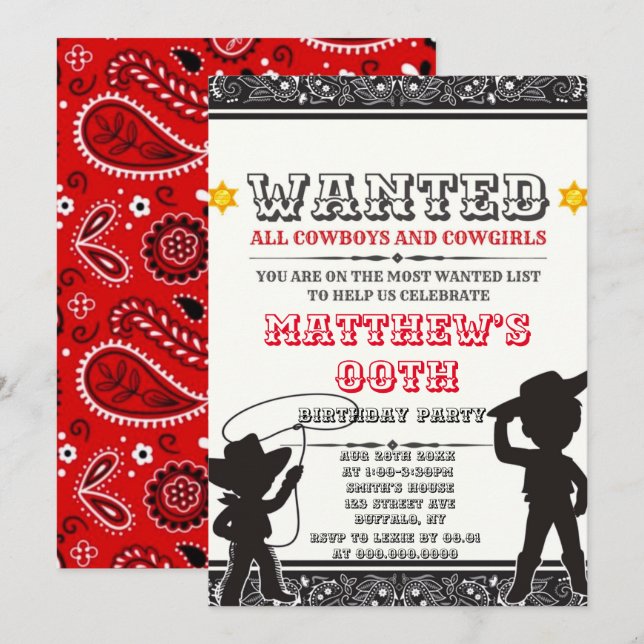 Cowboys & Cowgirls Bandana Birthday Party Invites (Front/Back)