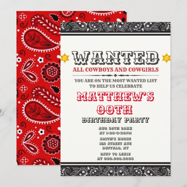 Cowboys & Cowgirls Bandana Birthday Party Invites (Front/Back)