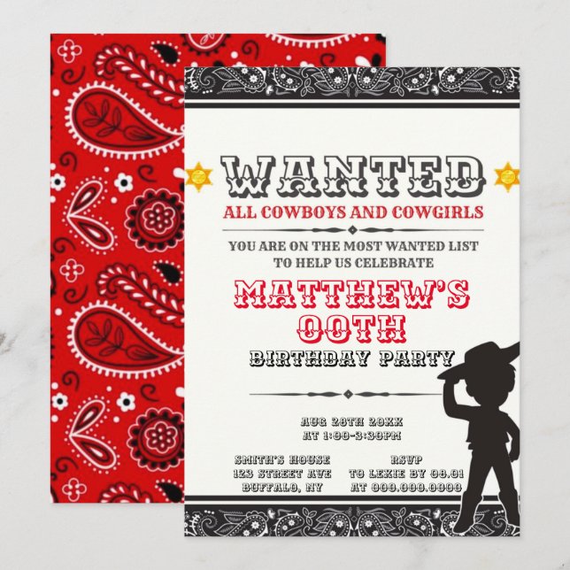 Cowboys & Cowgirls Bandana Birthday Party Invites (Front/Back)